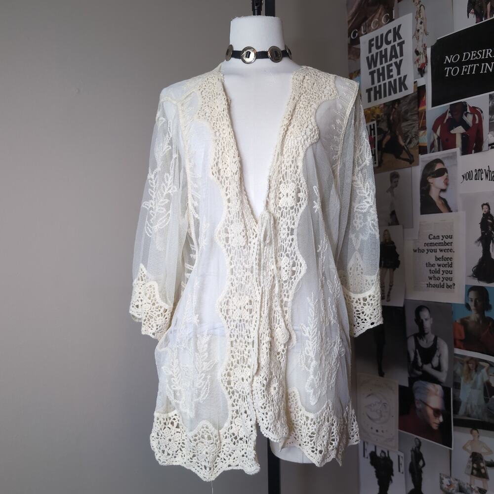Sheer Lace Crochet Trim Kimono Boho Cardigan